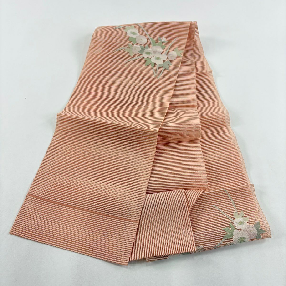 【美品】名古屋帶 優品級 夏帶 絽 八寸名古屋帶 松樹葉仕立 雜色仕立 草花紋 粉米色 純蠶絲