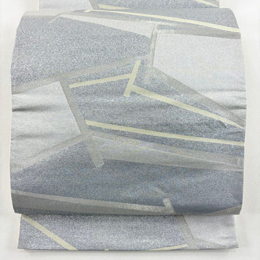 【美品】 袋帶 名古屋帶 優品級 幾何學圖案 銀線 金金箔 灰色 純蠶絲