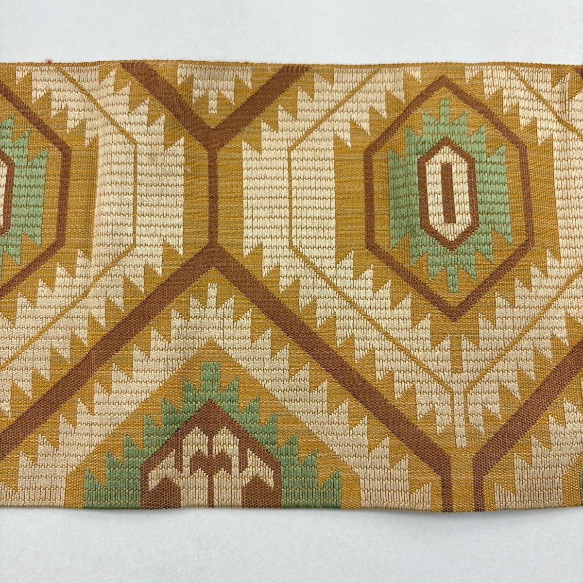 【美品】名古屋帶 優品級 紬織織 幾何圖案 黃土 純蠶絲