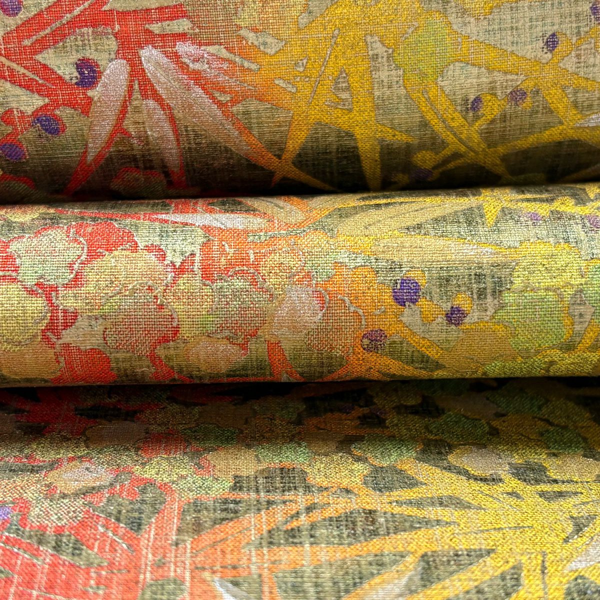 袋帶 逸品級 紬織織 竹子葉 梅花花 金銀彩 金色 全通 純蠶絲