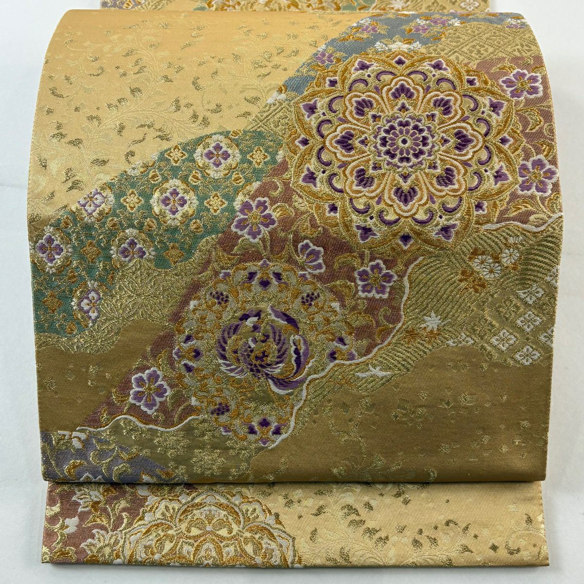 【美品】 袋帶 逸品級 じゅらく 落款あり 帝王紫 華紋 鳳凰 金糸 刺繡 薄茶 純蠶絲
