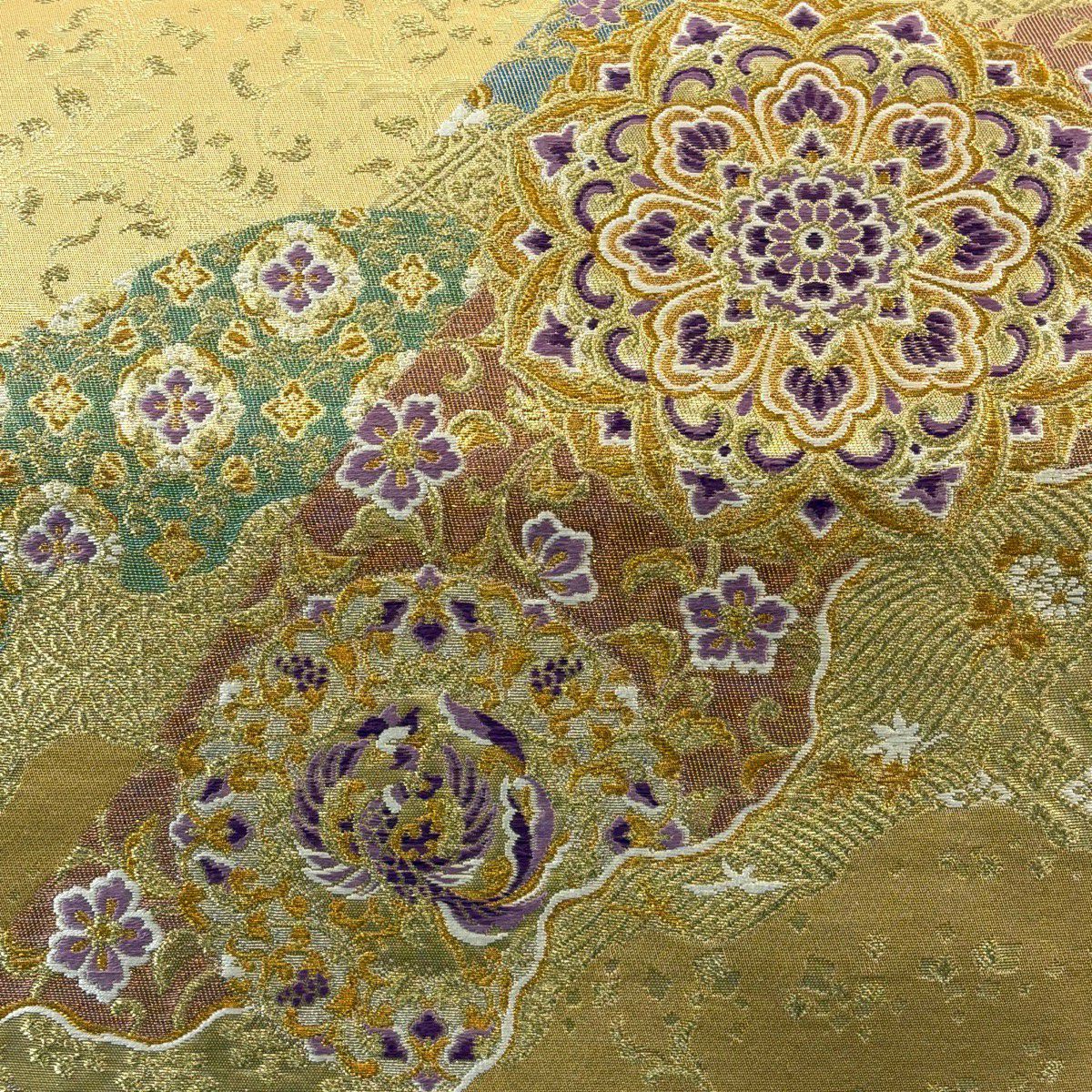 【美品】 袋帶 逸品級 じゅらく 落款あり 帝王紫 華紋 鳳凰 金糸 刺繡 薄茶 純蠶絲