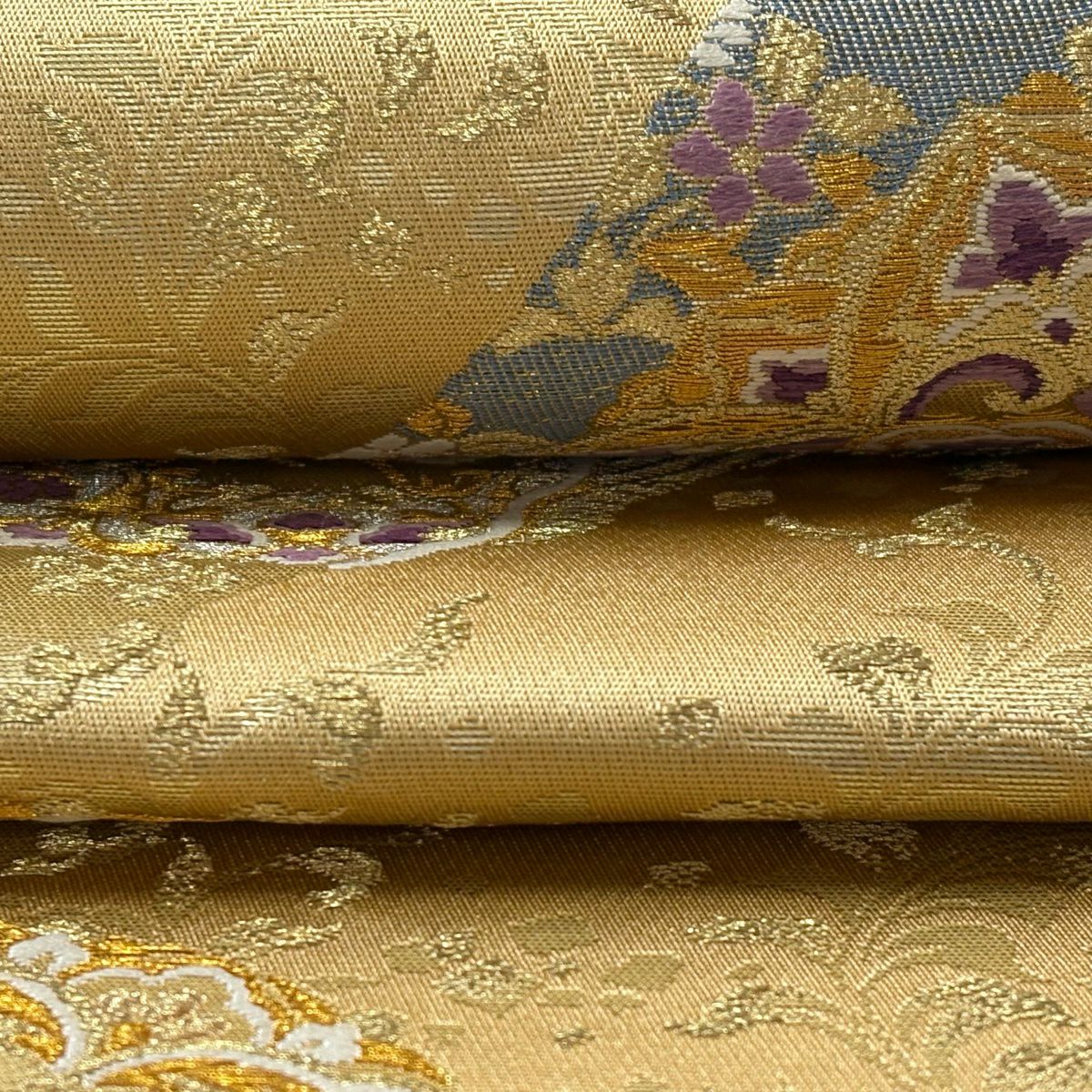 【美品】 袋帶 逸品級 じゅらく 落款あり 帝王紫 華紋 鳳凰 金糸 刺繡 薄茶 純蠶絲