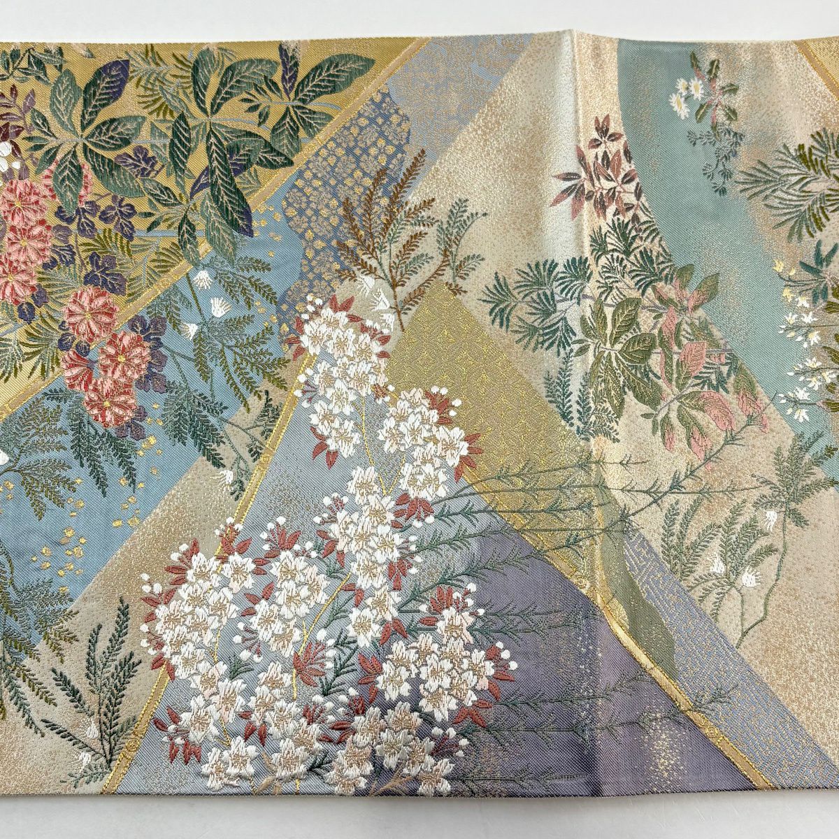 【美品】 袋帶 逸品級 となみ織物 落款あり 証紙あり 松樹 櫻花 金糸 唐織 米色 六通 純蠶絲