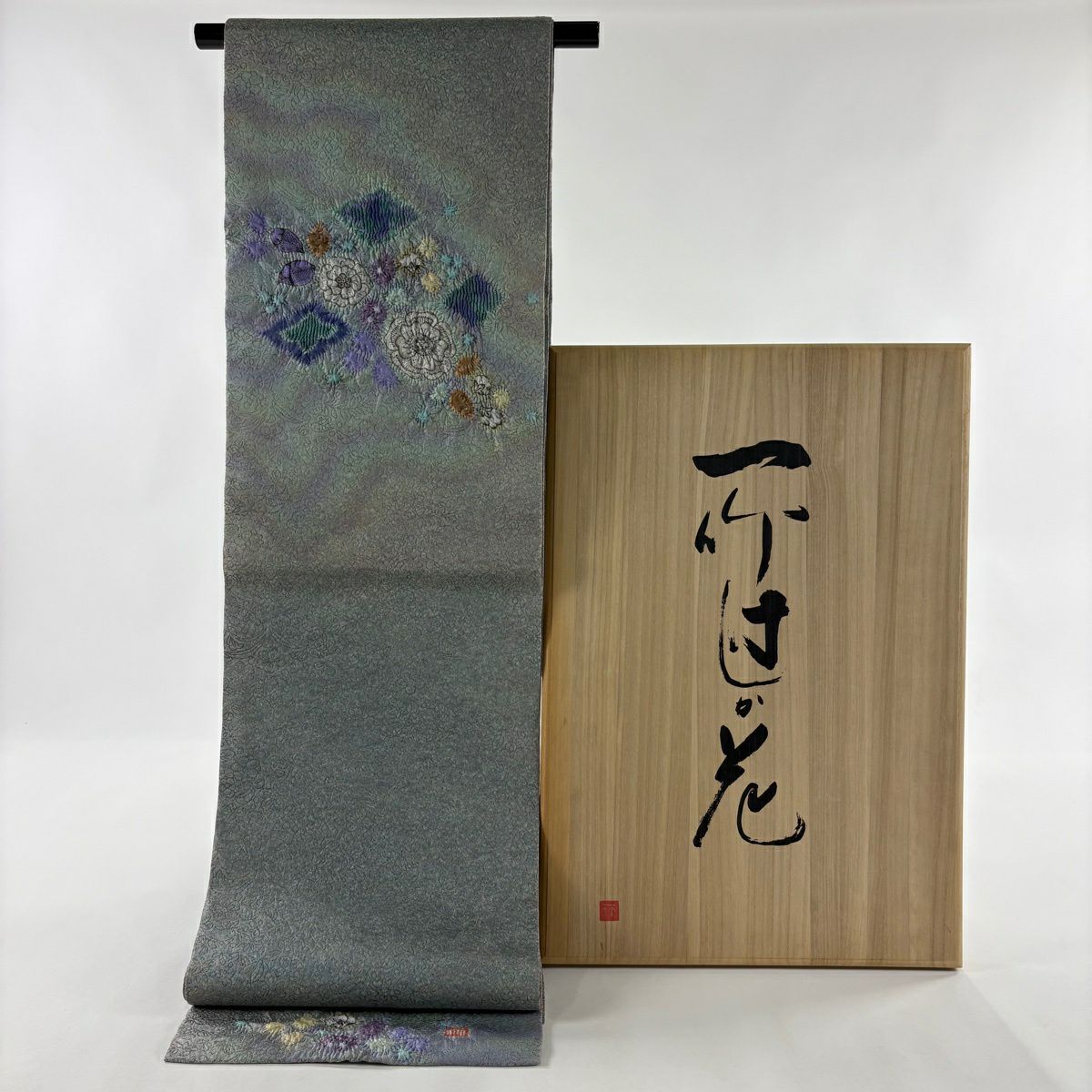 袋帶 逸品級 久保田一竹子工房 落款あり 共箱付き 辻花染 金金箔 灰綠 お太鼓柄 純蠶絲