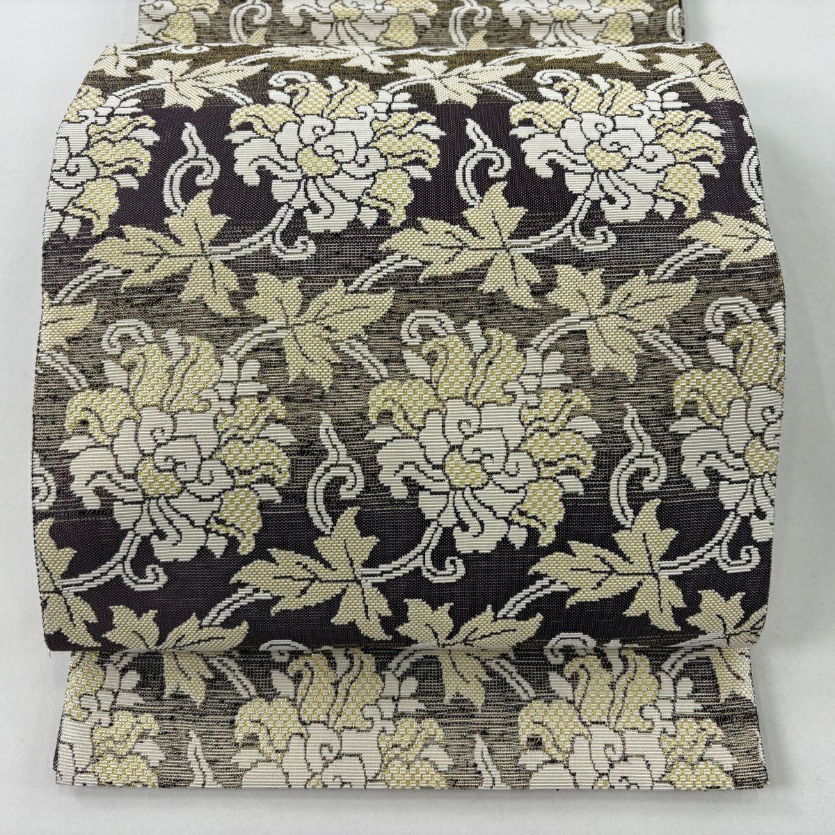 【美品】 袋帶 逸品級 花唐草紋 金金箔 灰紫 全通 純蠶絲