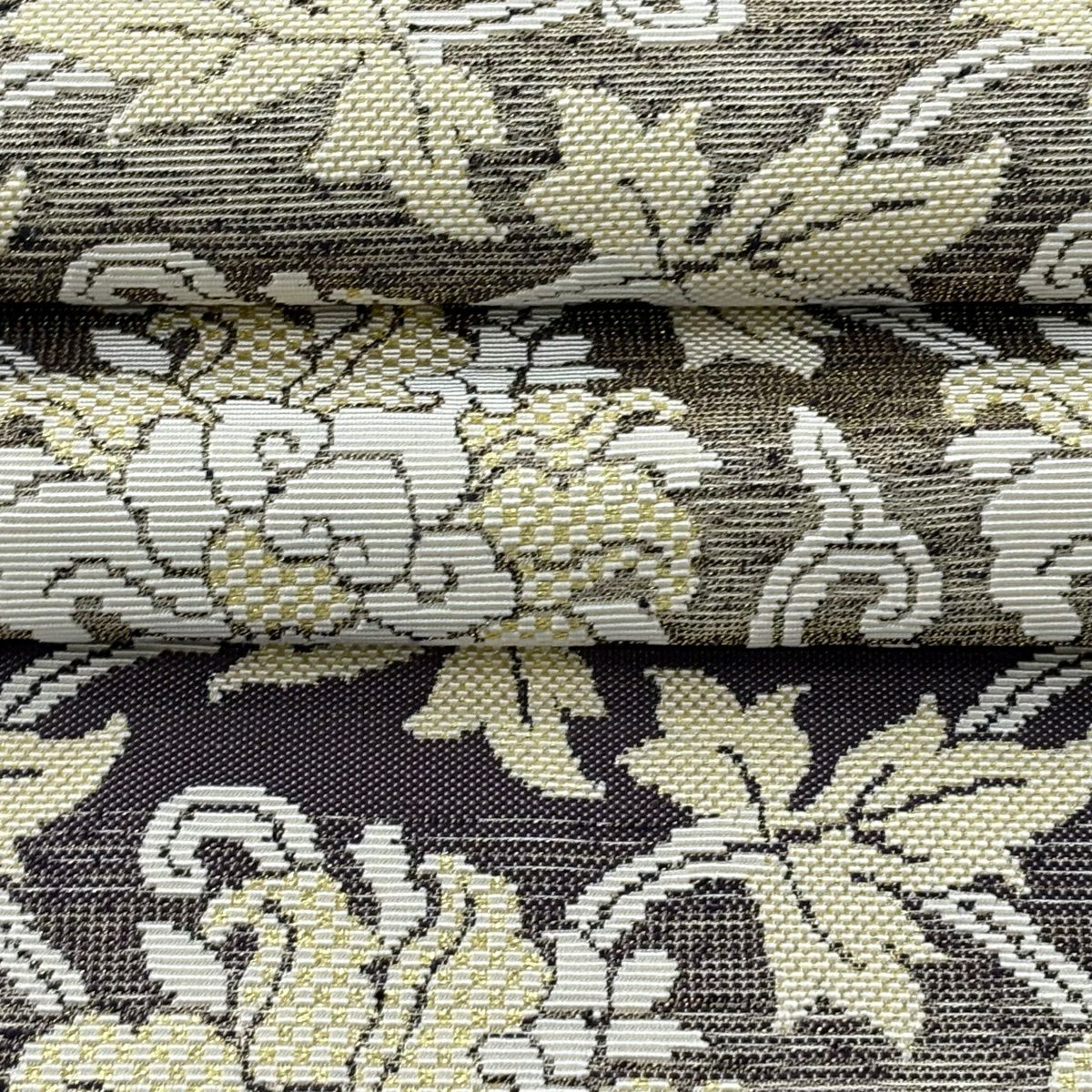 【美品】 袋帶 逸品級 花唐草紋 金金箔 灰紫 全通 純蠶絲