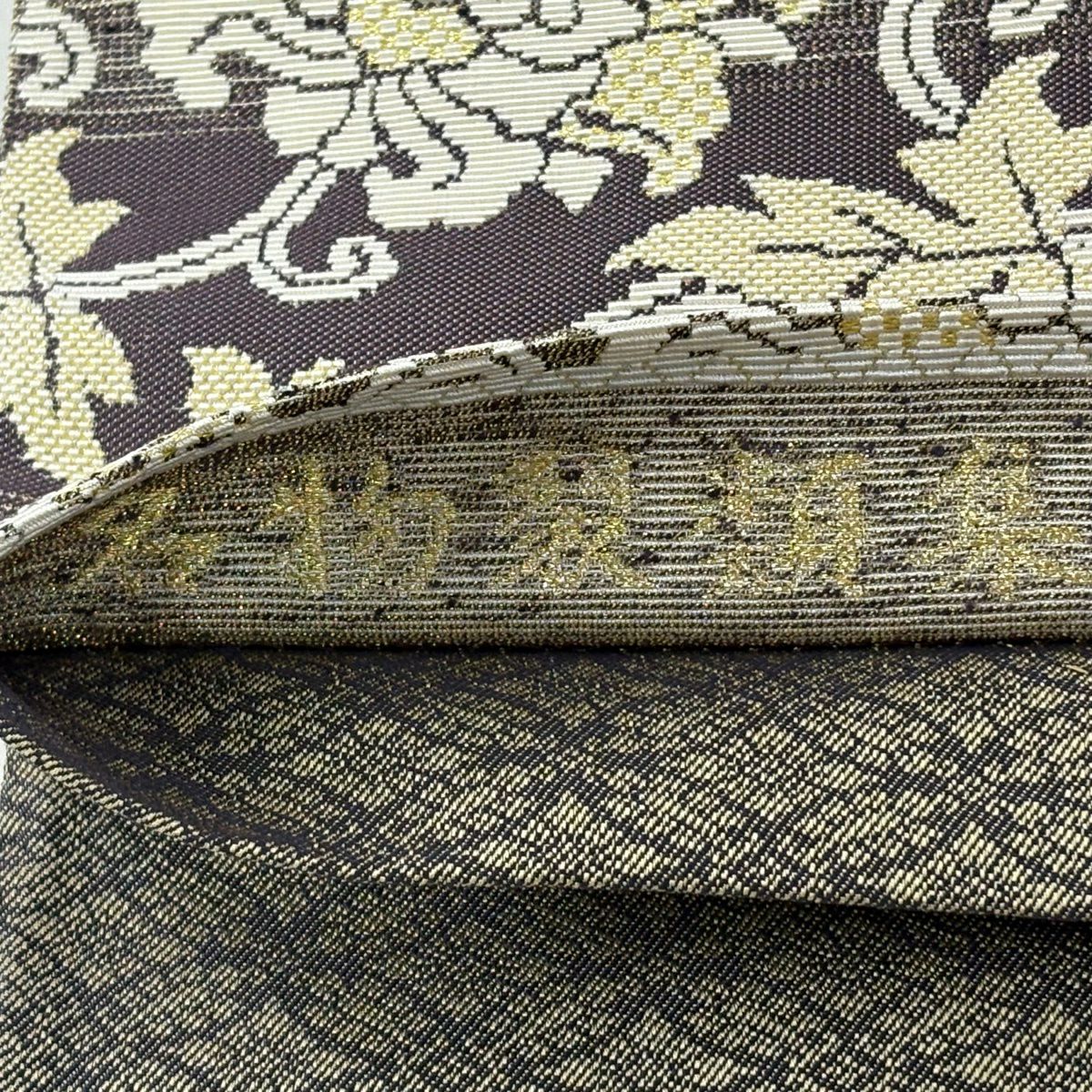 【美品】 袋帶 逸品級 花唐草紋 金金箔 灰紫 全通 純蠶絲