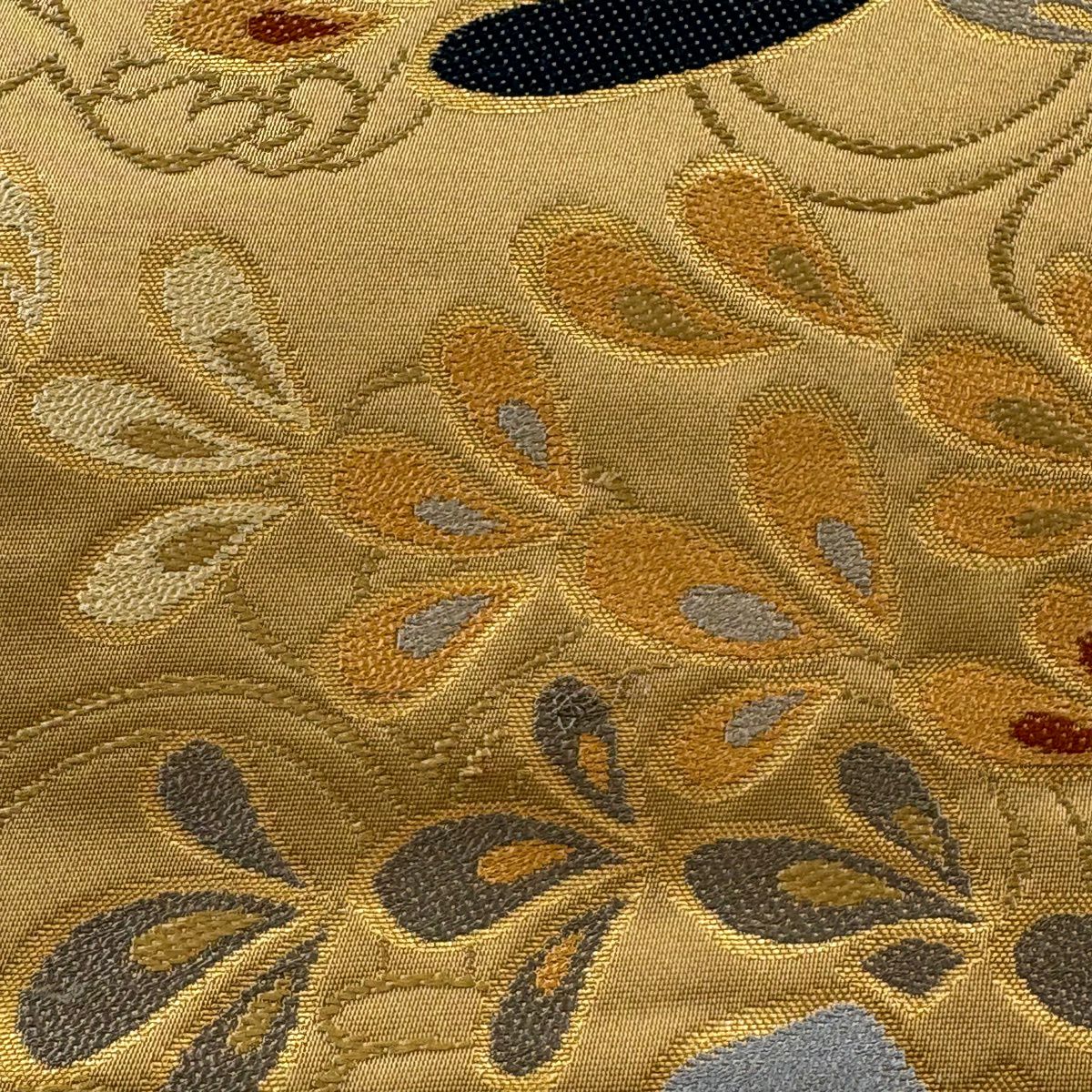 袋帶 逸品級 白綾苑大庭 落款 花喰鳥 金金箔 淺茶 六通 純蠶絲