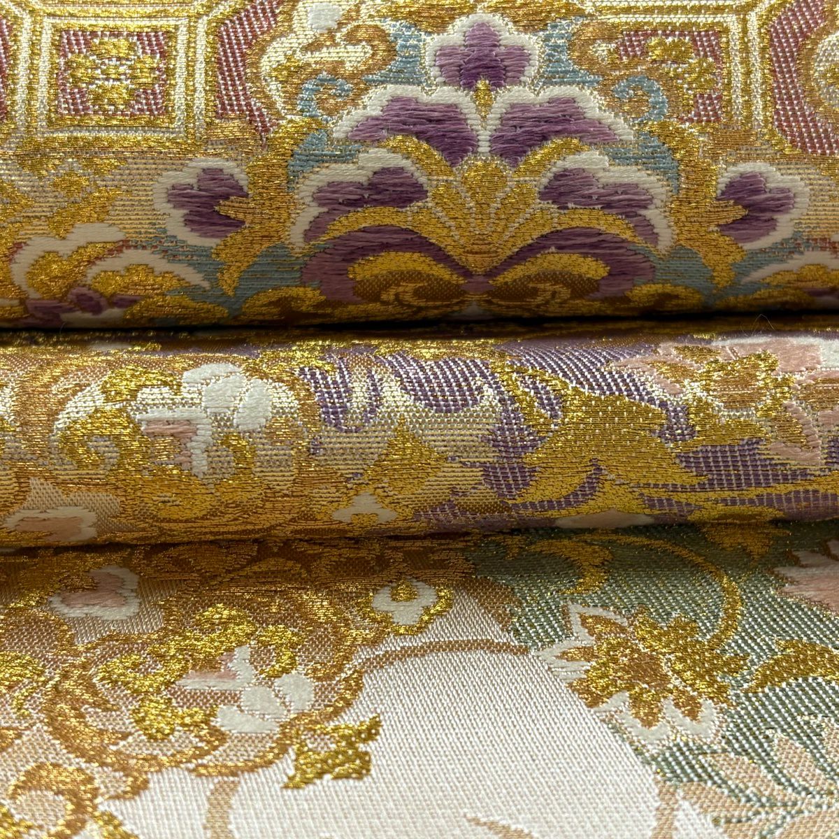 袋帶 逸品級 じゅらく 落款あり 帝王紫 華紋 花唐草紋 金糸 刺繡 金色 お太鼓柄 純蠶絲