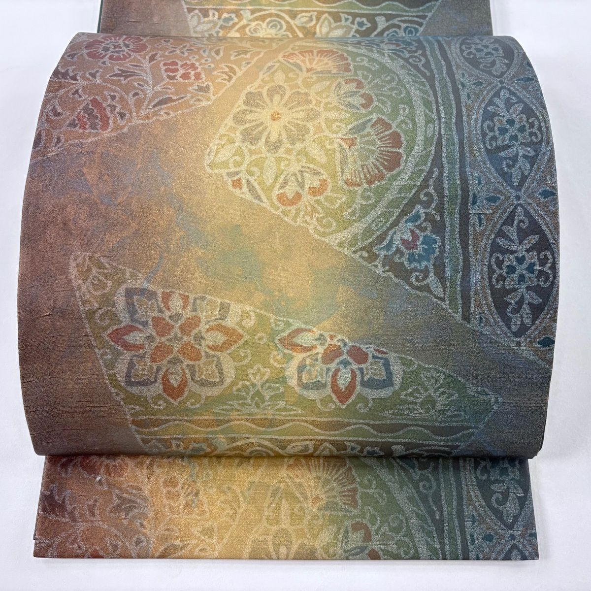 【美品】 袋帶 逸品級 落款 牛首紬織織 華紋 草花紋紋 金彩裝飾 綠 全通 純蠶絲