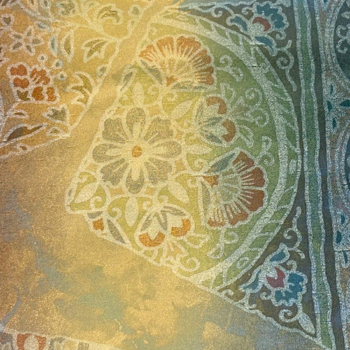 【美品】 袋帶 逸品級 落款 牛首紬織織 華紋 草花紋紋 金彩裝飾 綠 全通 純蠶絲