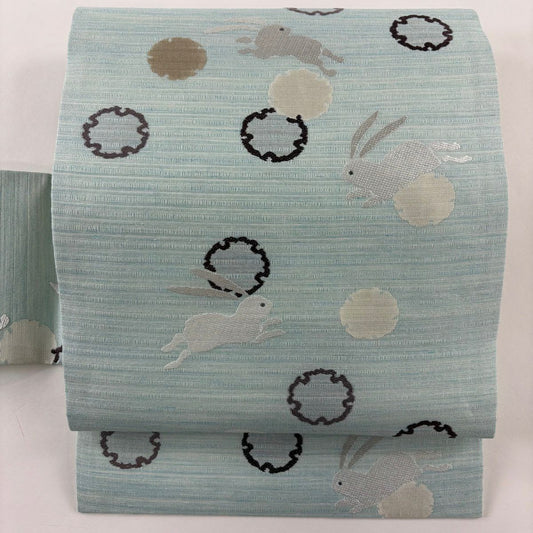 【美品】名古屋帶 逸品級 兔子 雪輪 水藍 純蠶絲