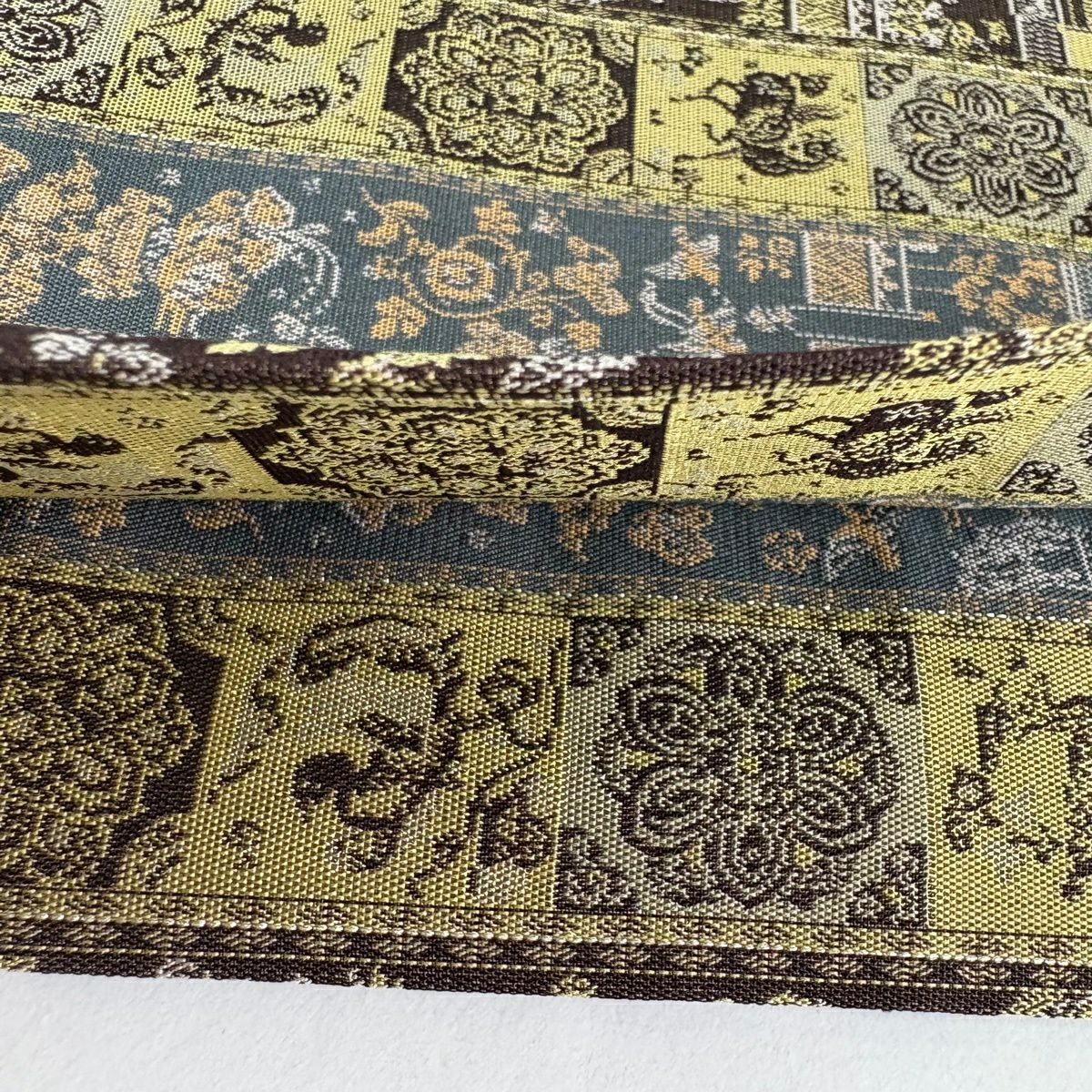 【美品】 開口名古屋帶 逸品級 龍村美術織物 證書齊全 比翼仕立 雜色金金箔 焦茶 純蠶絲
