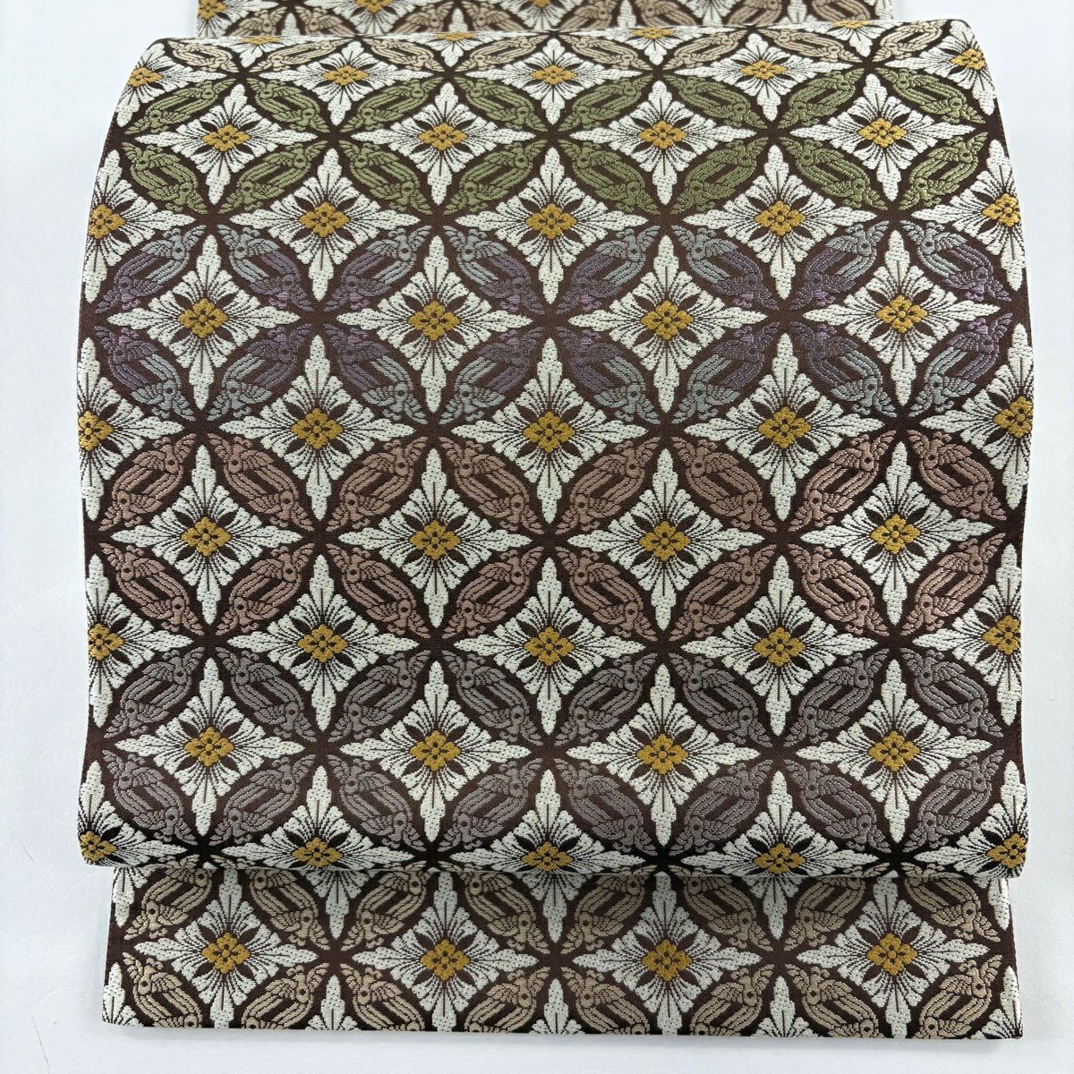 【美品】 袋帶 逸品級 金金箔屋清兵衛 落款あり 西陣織 鳥襷文 茶 六通 純蠶絲