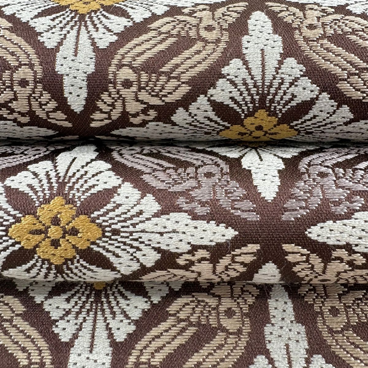 【美品】 袋帶 逸品級 金金箔屋清兵衛 落款あり 西陣織 鳥襷文 茶 六通 純蠶絲