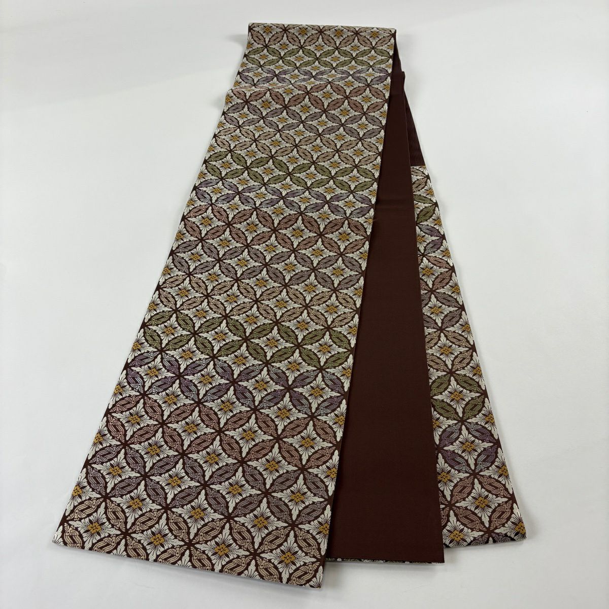 【美品】 袋帶 逸品級 金金箔屋清兵衛 落款あり 西陣織 鳥襷文 茶 六通 純蠶絲