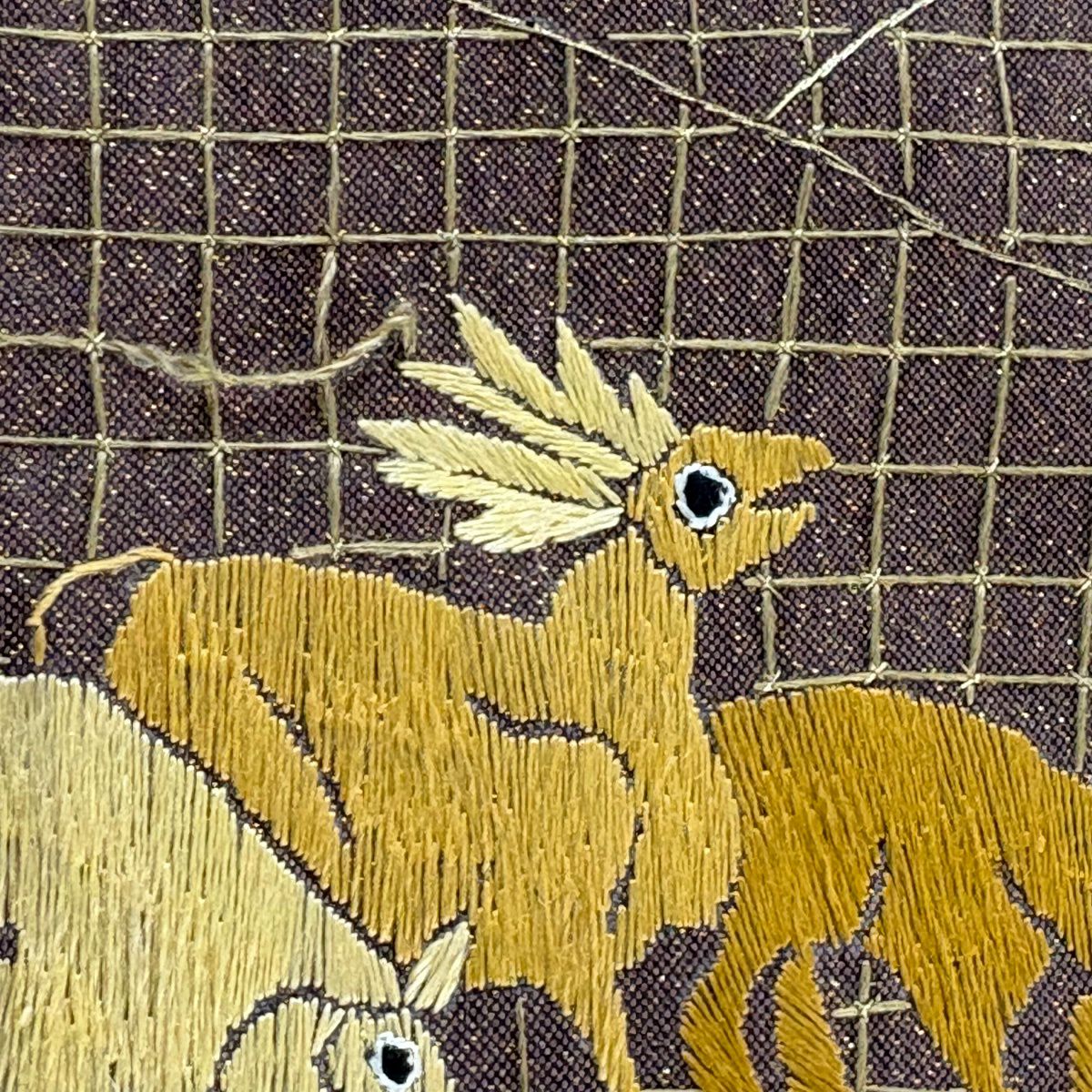 袋帶 逸品級 草花紋紋 動物刺繡 金線 小豆 深褐色 六通 純蠶絲