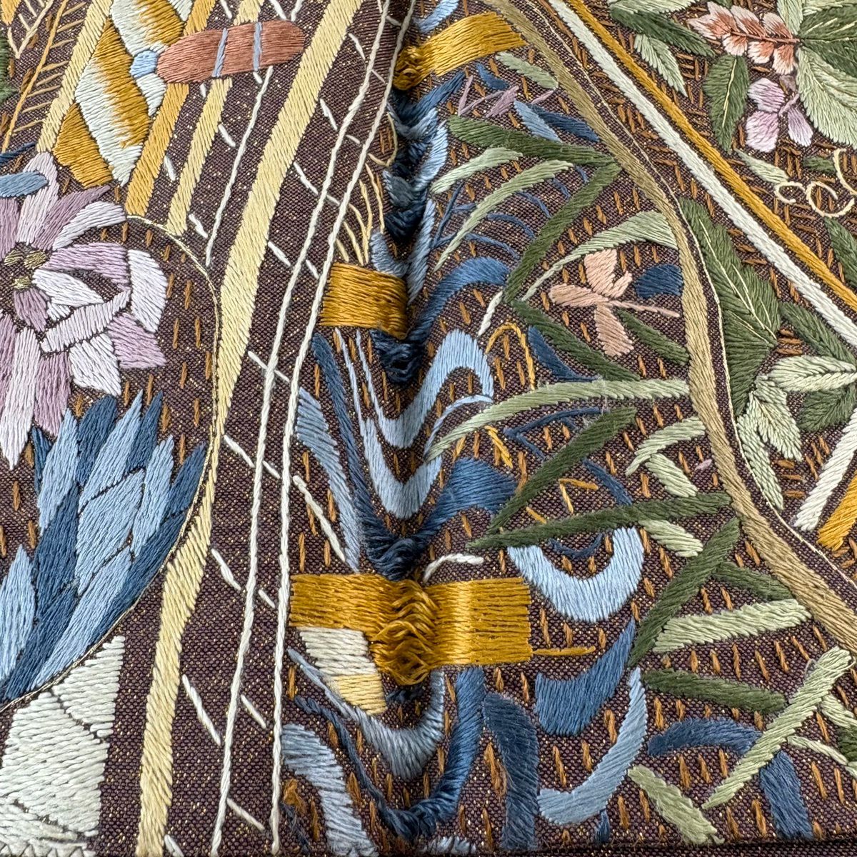 袋帶 逸品級 草花紋紋 動物刺繡 金線 小豆 深褐色 六通 純蠶絲