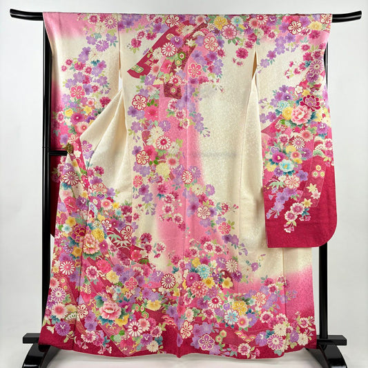 【美品】振袖禮服 身長164.5cm 袖長65.5cm M 雙層 牡丹 松樹竹子梅花 金銀彩 奶油色 純蠶絲 逸品級