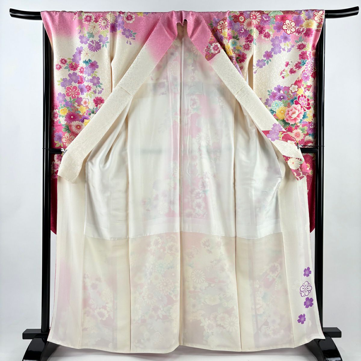 【美品】振袖禮服 身長164.5cm 袖長65.5cm M 雙層 牡丹 松樹竹子梅花 金銀彩 奶油色 純蠶絲 逸品級