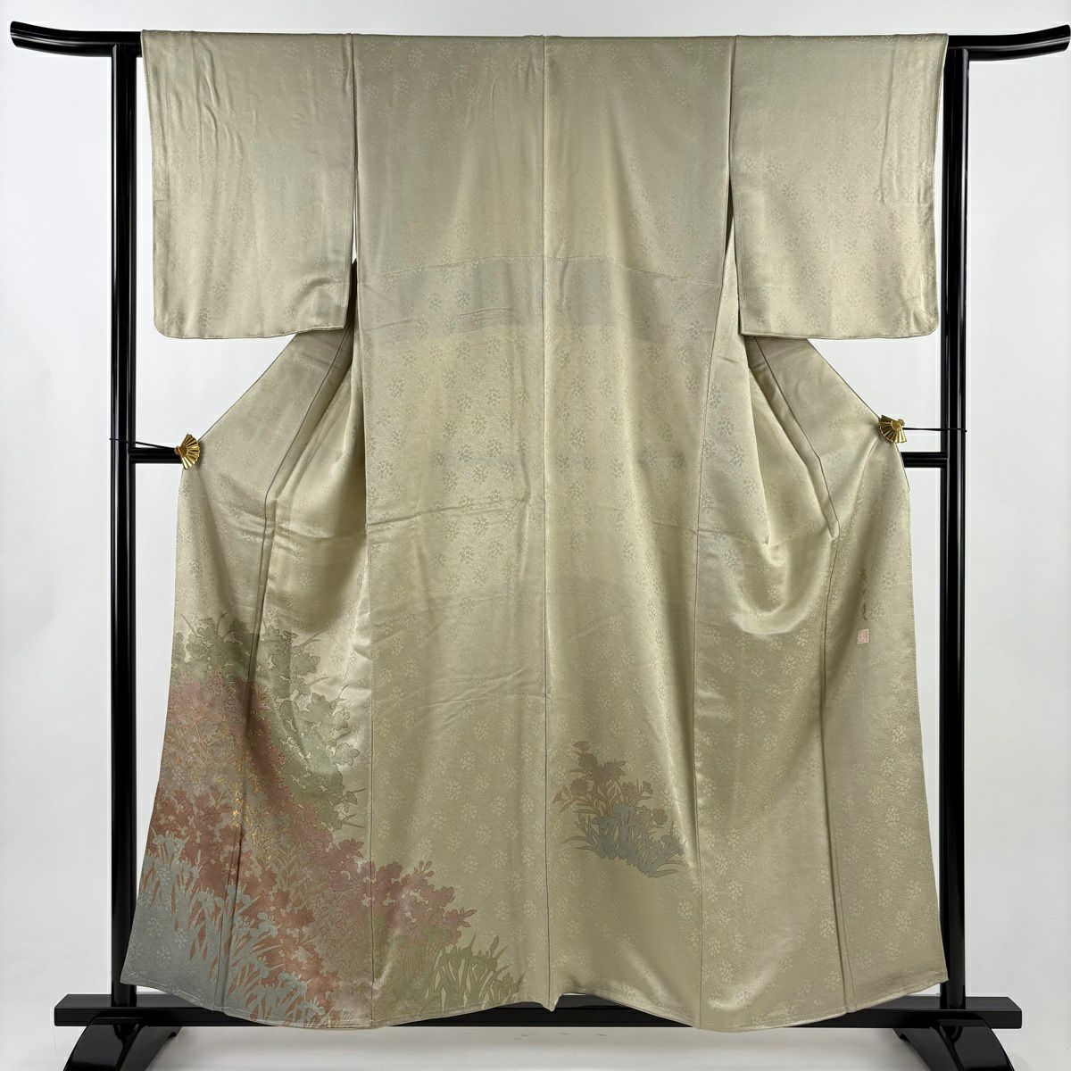 付下 身長156.5cm 袖長62.5cm S 雙層 藤井寛 落款 草花紋紋 輪廓 金線 金銀彩 灰綠 純蠶絲 逸品級