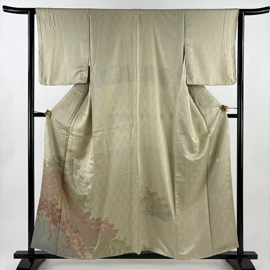 付下 身長156.5cm 袖長62.5cm S 雙層 藤井寛 落款 草花紋紋 輪廓 金線 金銀彩 灰綠 純蠶絲 逸品級