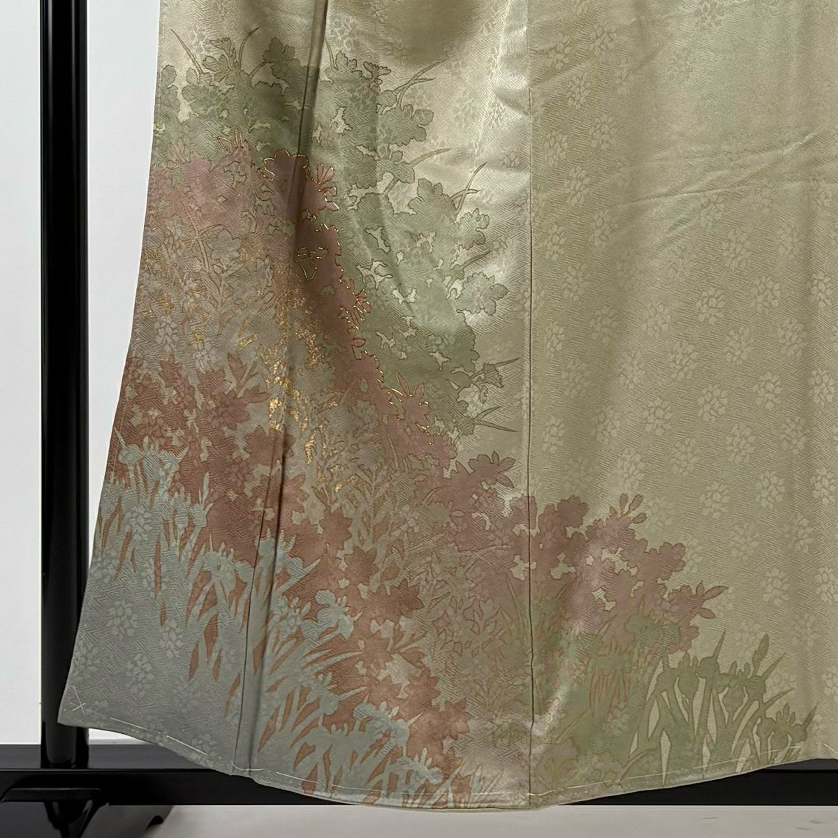 付下 身長156.5cm 袖長62.5cm S 雙層 藤井寛 落款 草花紋紋 輪廓 金線 金銀彩 灰綠 純蠶絲 逸品級