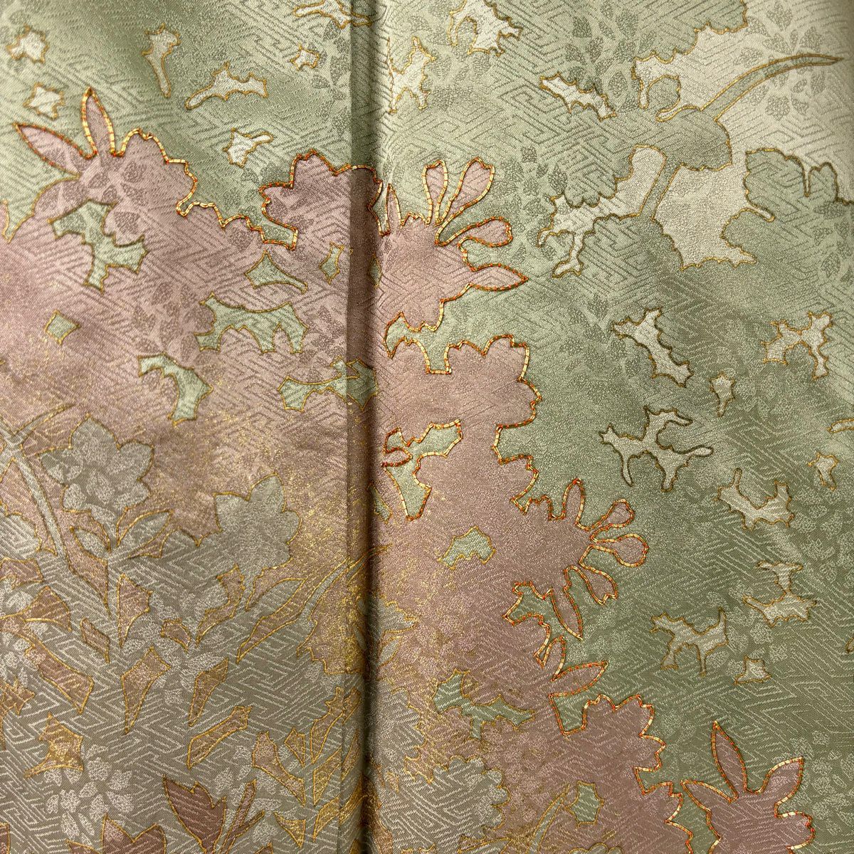 付下 身長156.5cm 袖長62.5cm S 雙層 藤井寛 落款 草花紋紋 輪廓 金線 金銀彩 灰綠 純蠶絲 逸品級