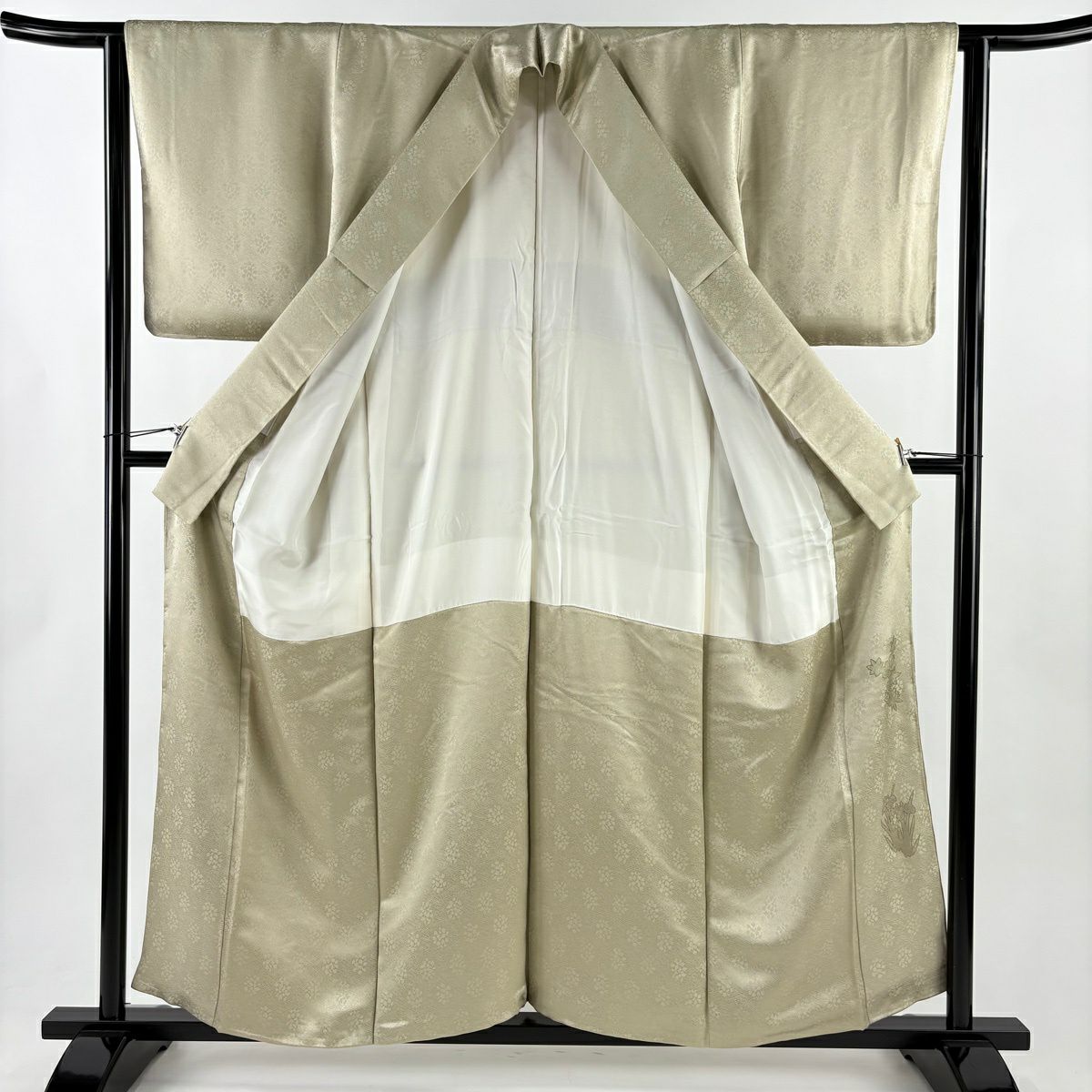 付下 身長156.5cm 袖長62.5cm S 雙層 藤井寛 落款 草花紋紋 輪廓 金線 金銀彩 灰綠 純蠶絲 逸品級