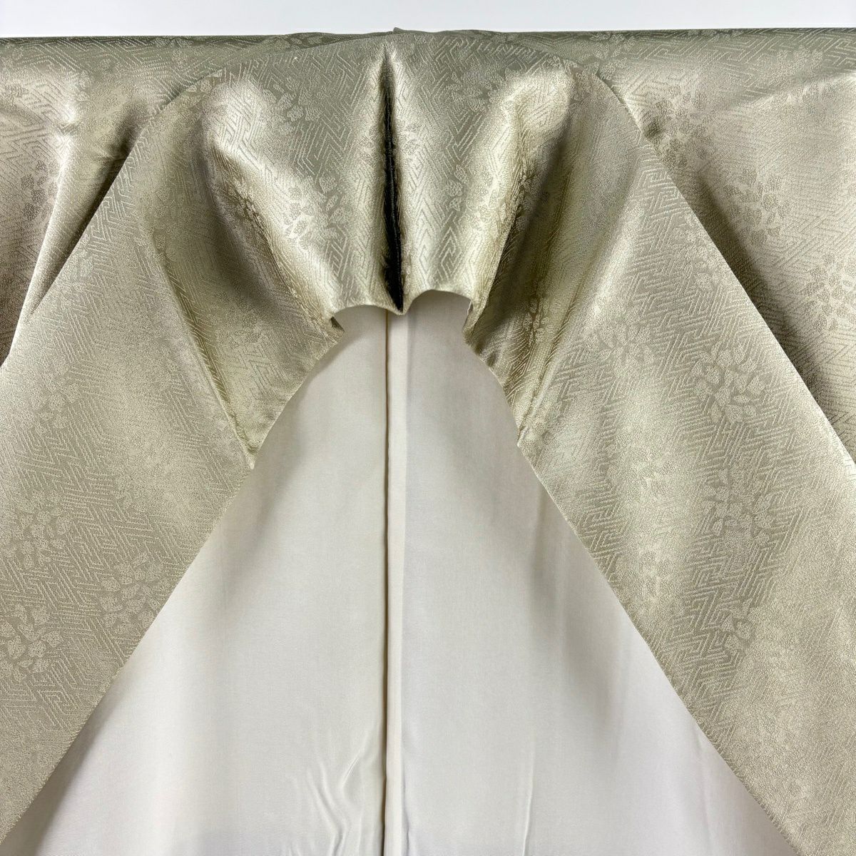 付下 身長156.5cm 袖長62.5cm S 雙層 藤井寛 落款 草花紋紋 輪廓 金線 金銀彩 灰綠 純蠶絲 逸品級
