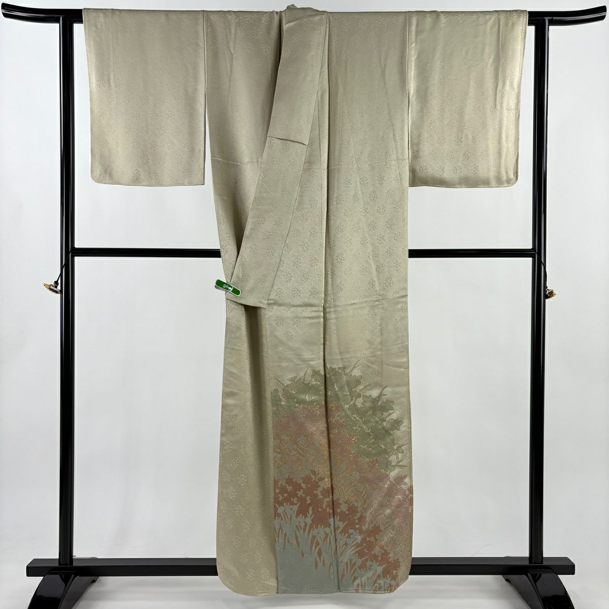 付下 身長156.5cm 袖長62.5cm S 雙層 藤井寛 落款 草花紋紋 輪廓 金線 金銀彩 灰綠 純蠶絲 逸品級