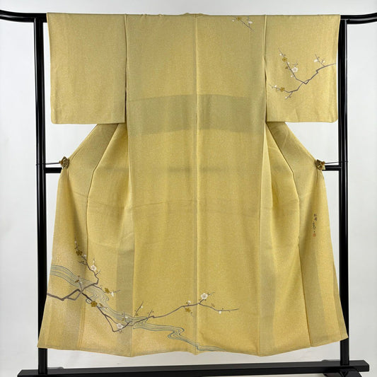 付下 身長150cm 袖長62.5cm S 雙層 松樹井青青 有落款 流水 枝梅花 金銀彩 漸層 米色 純蠶絲 逸品級