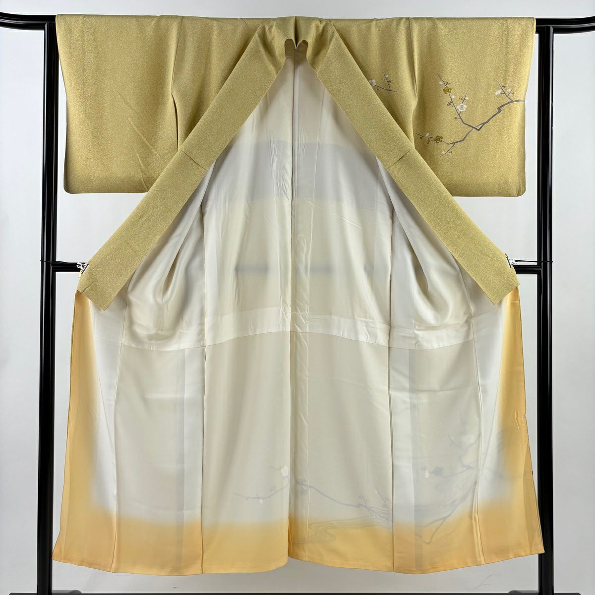 付下 身長150cm 袖長62.5cm S 雙層 松樹井青青 有落款 流水 枝梅花 金銀彩 漸層 米色 純蠶絲 逸品級