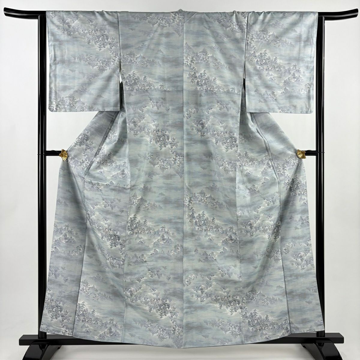 【美品】 大島紬織 身長160cm 袖長64.5cm M 雙層 都喜ヱ門 やまと 證書あり 樹木 霞 青灰 純蠶絲 逸品級