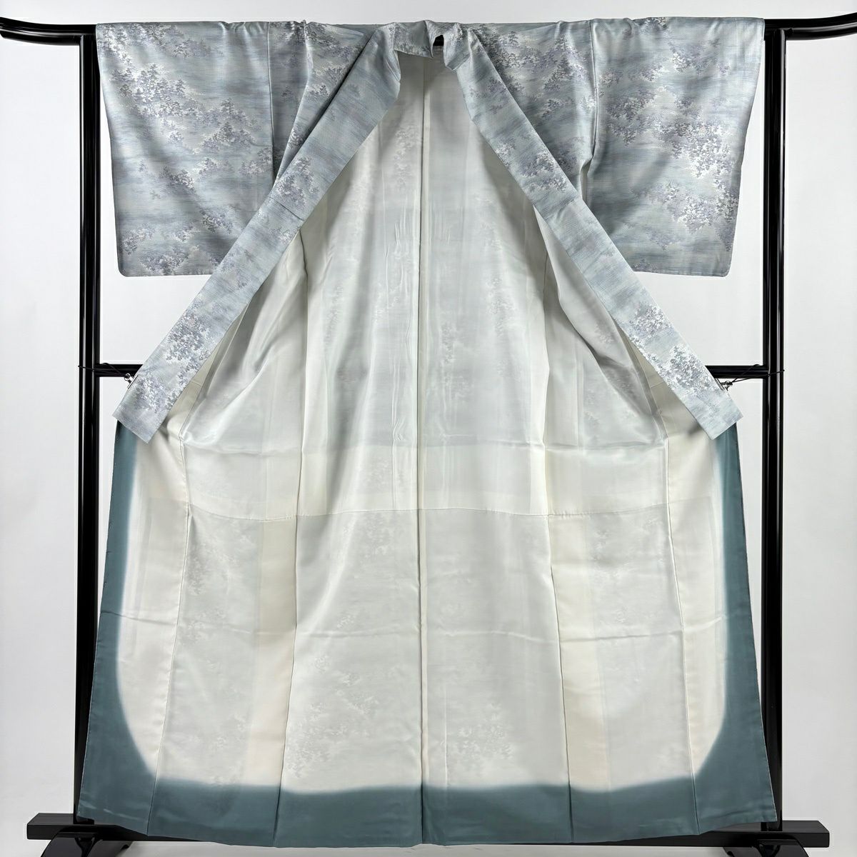 【美品】 大島紬織 身長160cm 袖長64.5cm M 雙層 都喜ヱ門 やまと 證書あり 樹木 霞 青灰 純蠶絲 逸品級