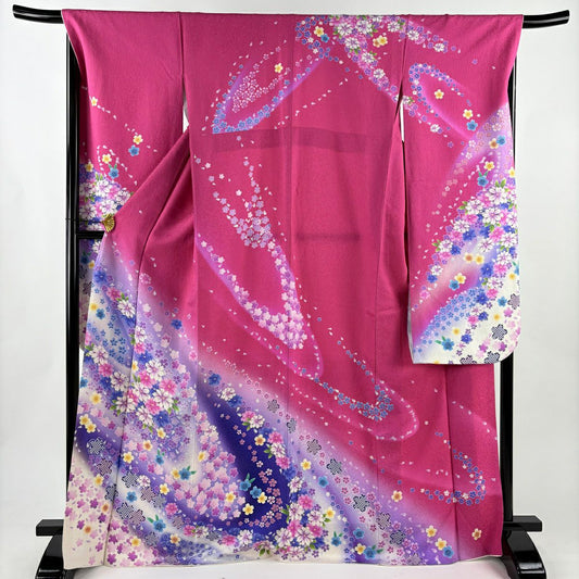 【美品】振袖禮服 身長169.5cm 袖長68cm L 雙層 草花紋紋 櫻花 金銀彩 漸層 深粉紅 純蠶絲 逸品級