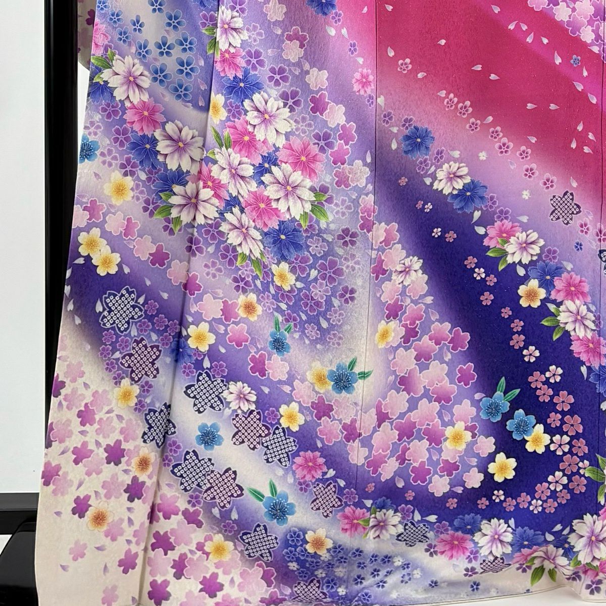 【美品】振袖禮服 身長169.5cm 袖長68cm L 雙層 草花紋紋 櫻花 金銀彩 漸層 深粉紅 純蠶絲 逸品級