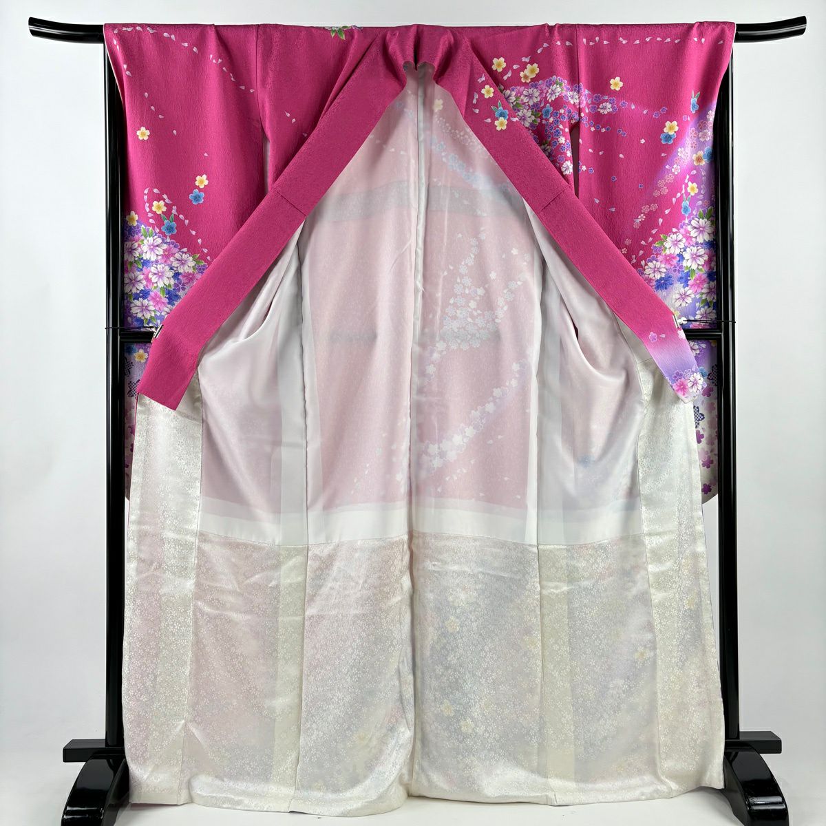 【美品】振袖禮服 身長169.5cm 袖長68cm L 雙層 草花紋紋 櫻花 金銀彩 漸層 深粉紅 純蠶絲 逸品級