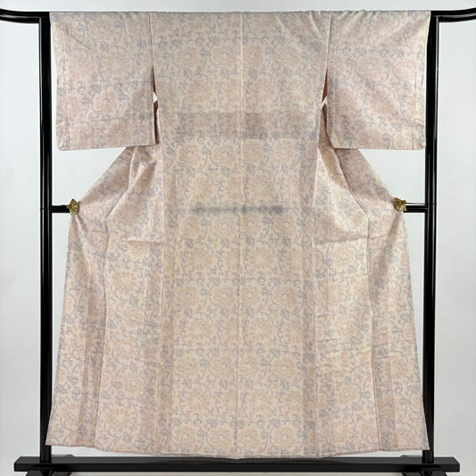 【美品】結城紬織 身長157.5cm 袖長63.5cm S 單層 機織女 證書附帶 花唐草紋 龜甲 粉米色 純蠶絲 逸品級