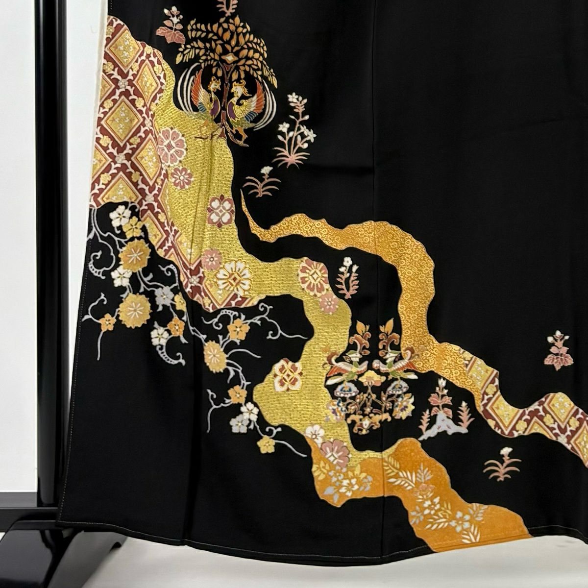 黑留袖禮服 身長160cm 袖長63cm S 雙層 千總 有落款 向鳥 花唐草紋 金銀彩 金絲 黑 純蠶絲 逸品級