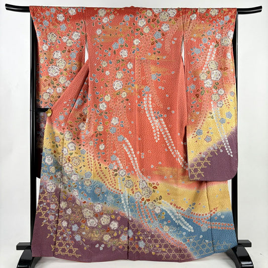 【美品】振袖禮服 身長166.5cm 袖長66cm M 雙層 辻花染圖案 籠目 金銀彩 金通し 鮭粉色 純蠶絲 逸品級