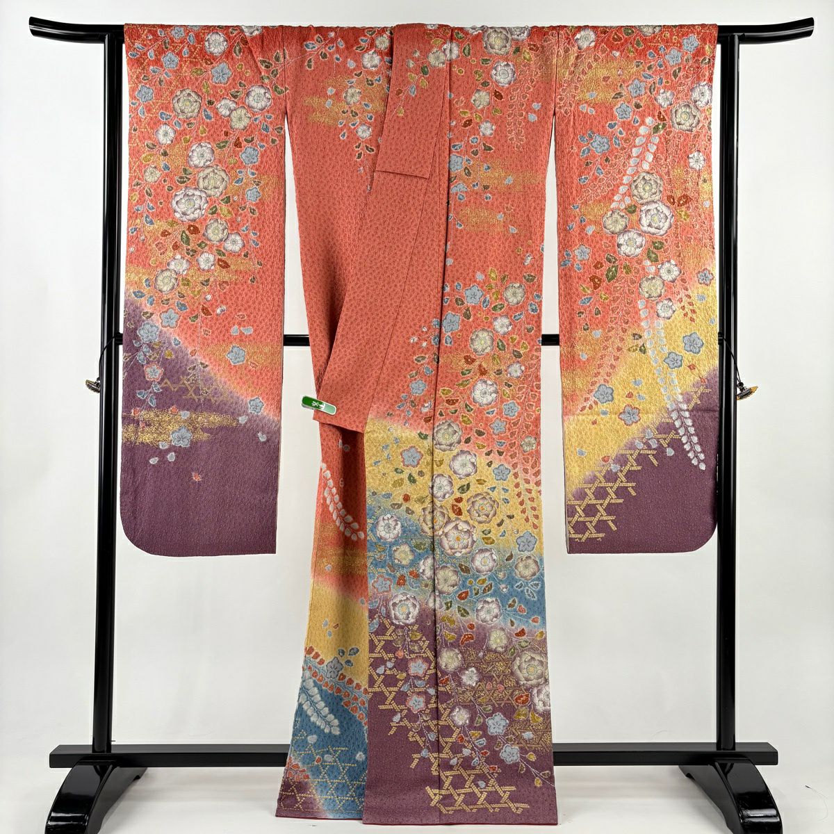 【美品】振袖禮服 身長166.5cm 袖長66cm M 雙層 辻花染圖案 籠目 金銀彩 金通し 鮭粉色 純蠶絲 逸品級
