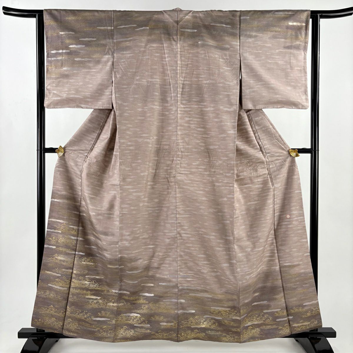 訪問服 身長160cm 袖長63cm S 雙層 牛首紬織織 落款 草花紋紋 霞 金銀彩 漸層 淡小豆色 純蠶絲 逸品級