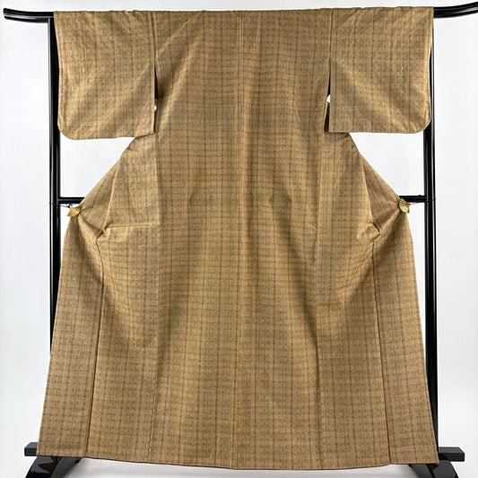 【美品】 紬織 身長163cm 袖長65.5cm M 雙層 垂直條紋 幾何圖案 花織 薄茶 純蠶絲 逸品級