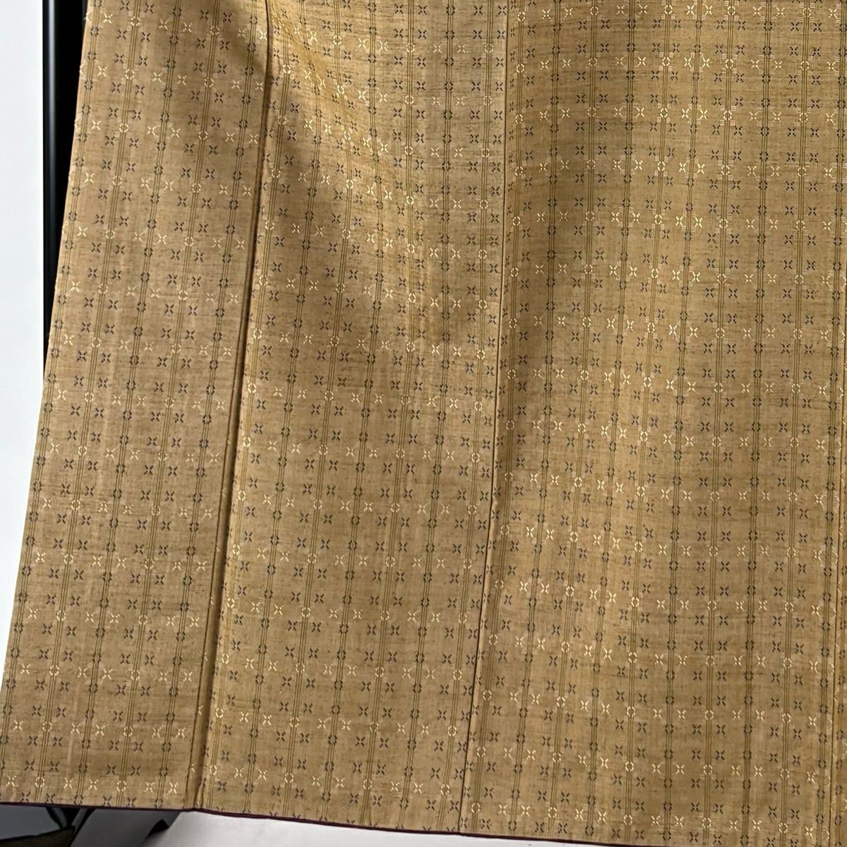 【美品】 紬織 身長163cm 袖長65.5cm M 雙層 垂直條紋 幾何圖案 花織 薄茶 純蠶絲 逸品級