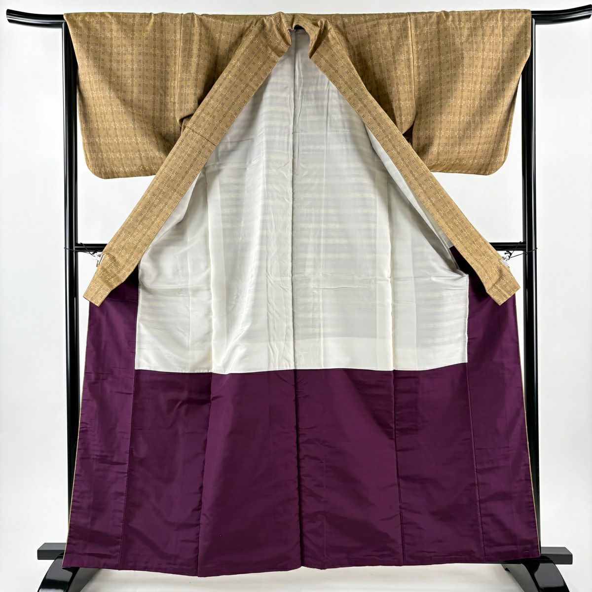【美品】 紬織 身長163cm 袖長65.5cm M 雙層 垂直條紋 幾何圖案 花織 薄茶 純蠶絲 逸品級