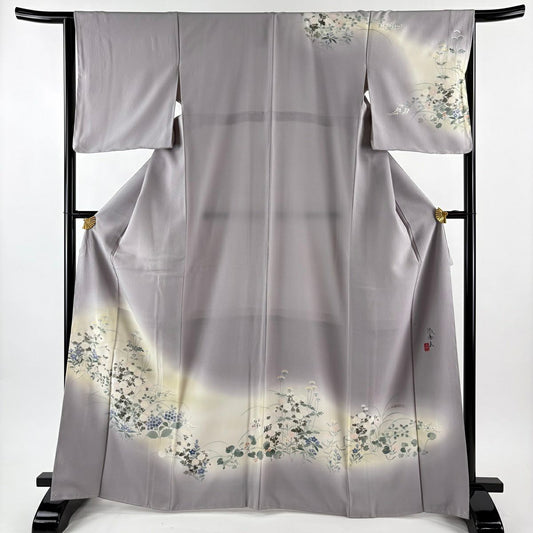 【美品】訪問服 身長167cm 袖長65cm M 雙層 洛樂人 落款あり 秋草 金銀彩 漸層 灰色 純蠶絲 逸品級