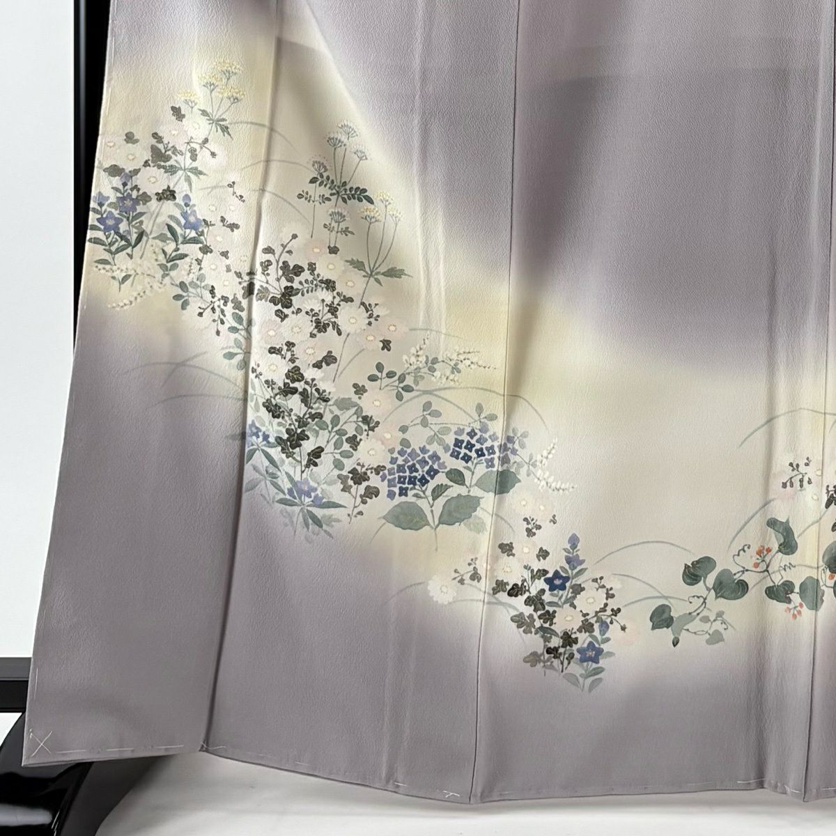 【美品】訪問服 身長167cm 袖長65cm M 雙層 洛樂人 落款あり 秋草 金銀彩 漸層 灰色 純蠶絲 逸品級