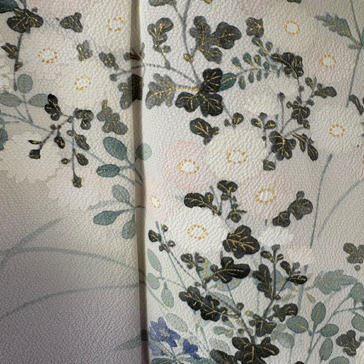 【美品】訪問服 身長167cm 袖長65cm M 雙層 洛樂人 落款あり 秋草 金銀彩 漸層 灰色 純蠶絲 逸品級